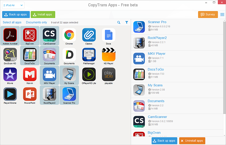 select iphone apps in main copytrans apps window