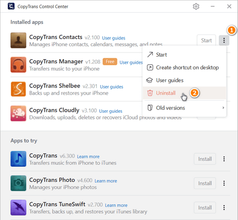 how to uninstall copytrans app