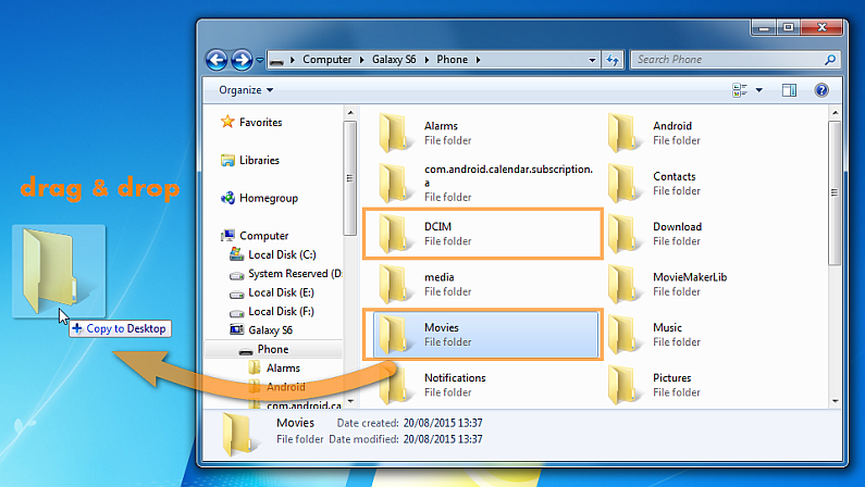 drag and drop DCIM folder to pc desktop
