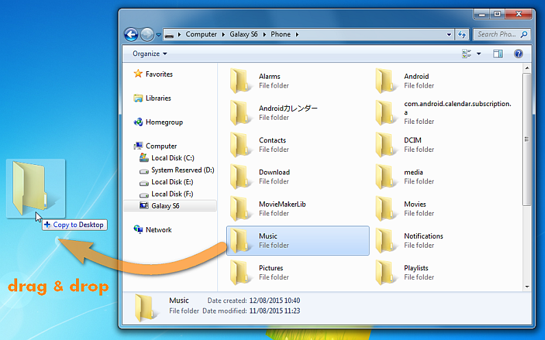 drag and drop android music folder to desktop pc