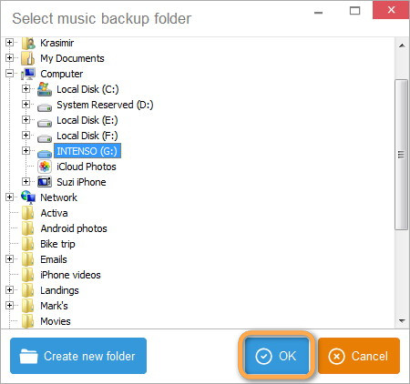 popup to select backup destination