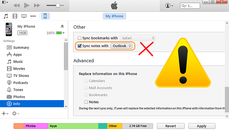 itunes showing notes sync to outlook option