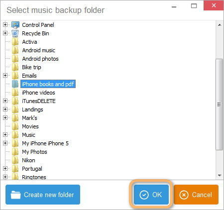 select backup folder destination