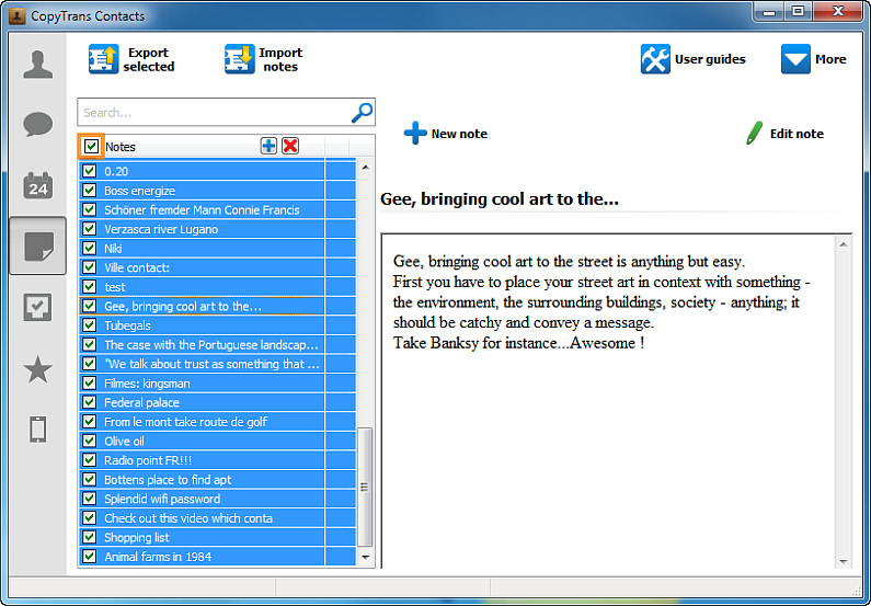 main copytrans contacts window with notes listed