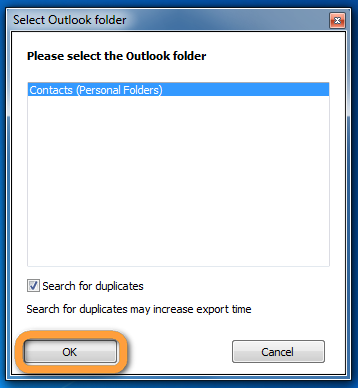 select outlook contact folder