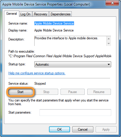 start amds service in apple mobile device service