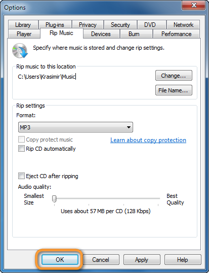 windows media player cd rip options ok button