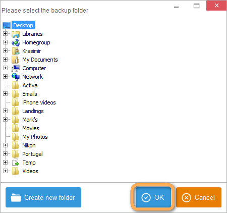 Select destination folder for full backup