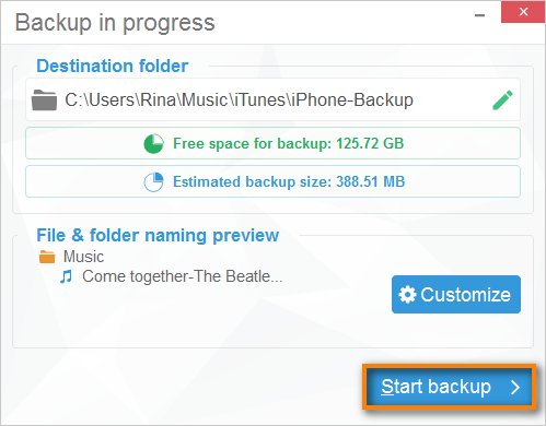 Start backup of the selected playlists to iTunes or to pc