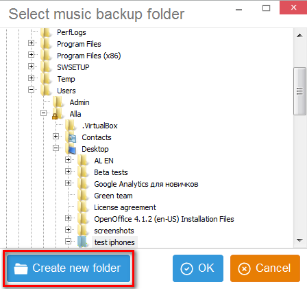 Create new folder to back up with CopyTrans