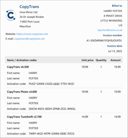 copytrans invoice sample