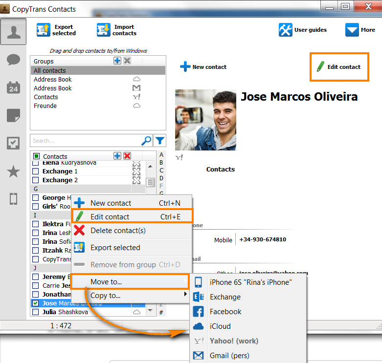 Manage iCloud, Gmail and Yahoo contacts with CopyTrans Contacts