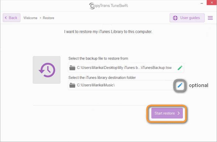 You can choose iTunes library destination folder (optional). Click on Start restore button.