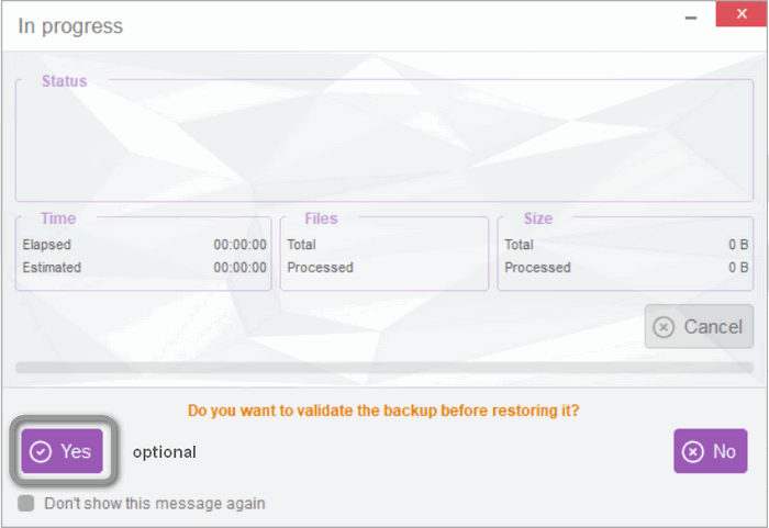 Click "Yes" to validate your backup (optional)