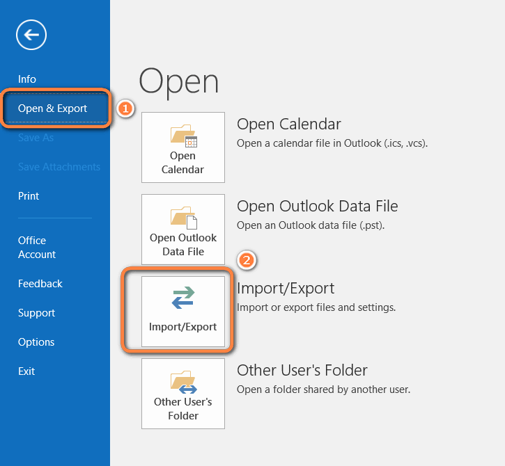 First click on Open & Export, then select Import/Export