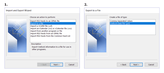 In the newly opened window click export to a file and then choose Outlook Data File (.pst)