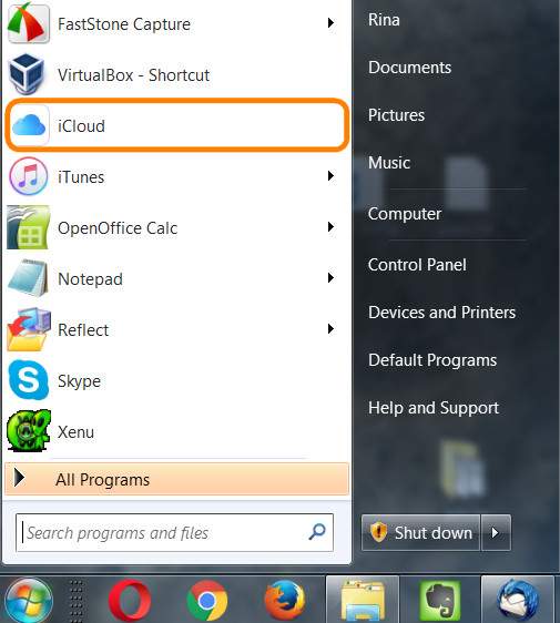 Open icloud for Windows from the Start Menu