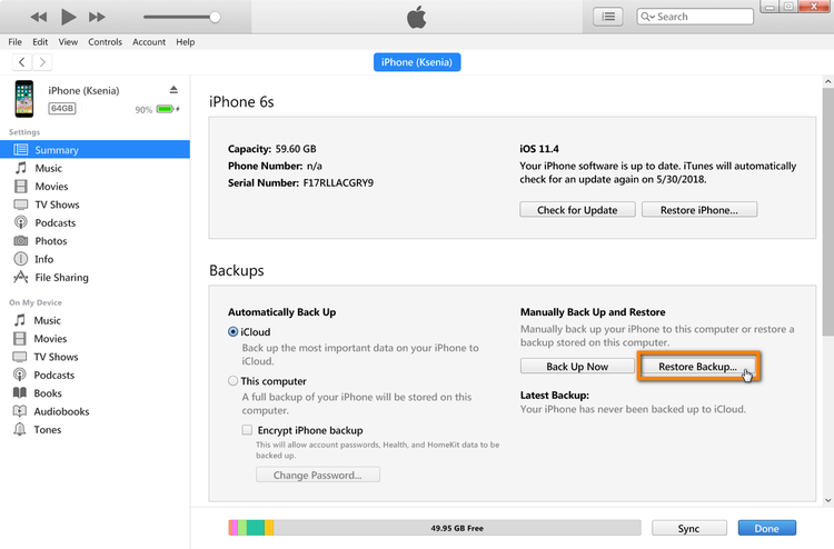 Click on Restore backup in iTunes
