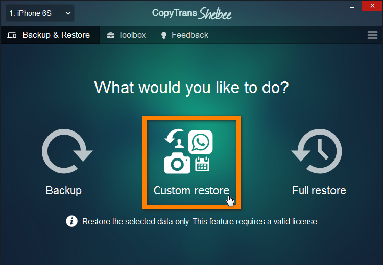Click on Custom restore in CopyTrans Shelbee