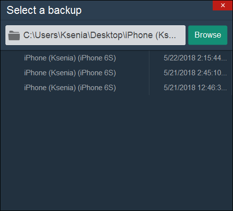 Select the iPhone backup from the list