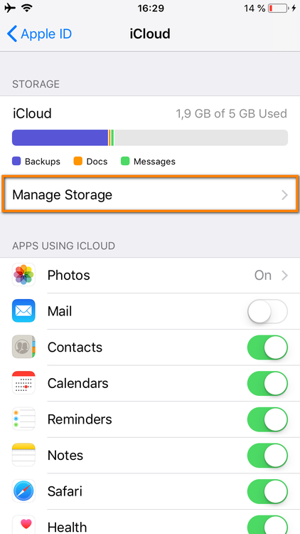 Tap on Manage Storage in settings
