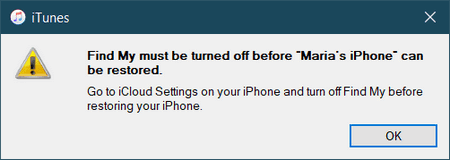 iTunes message Find My iPhone must be turned off