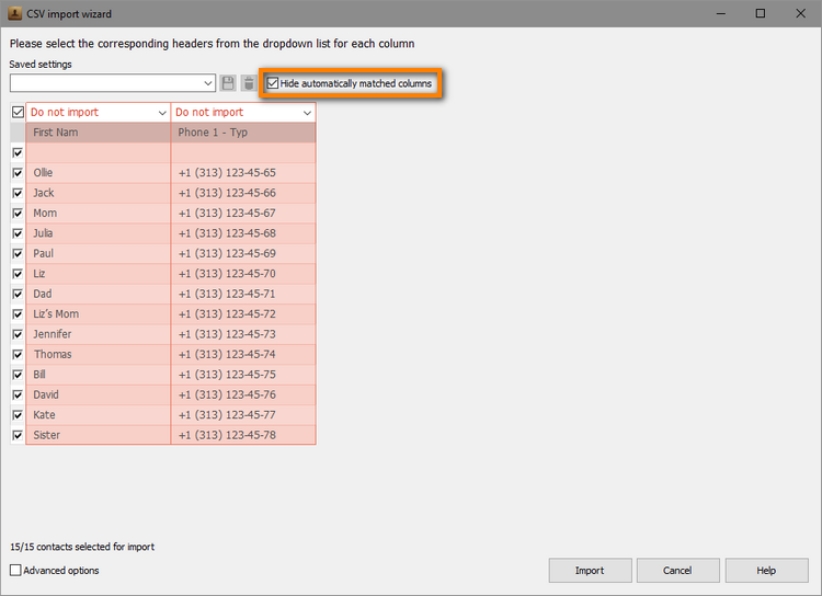 Hide unmatched columns to import contacts