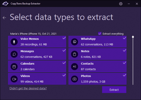 Select data types to extract with CopyTrans Backup Extractor