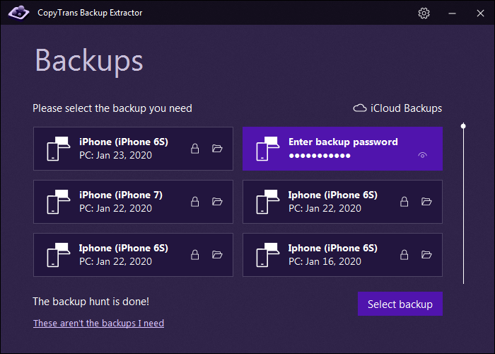 copytrans backup extractor enter the backup password