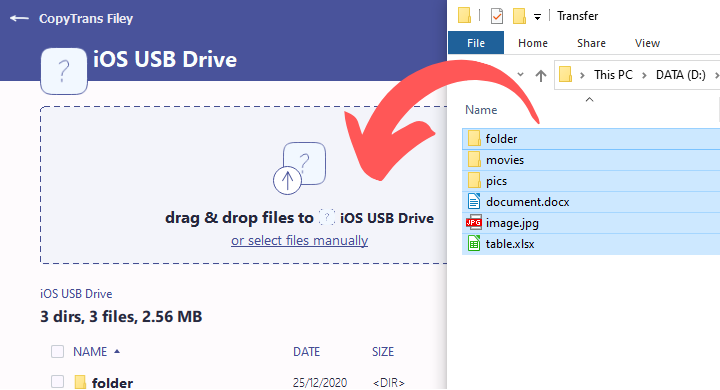 CopyTrans Filey transfer to iOS USB drive