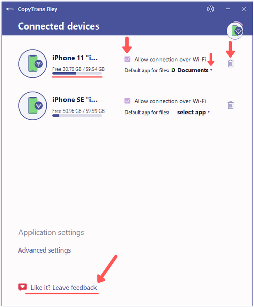 CopyTrans Filey settings