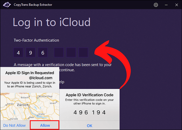 Enter the verification code to log in to iCloud