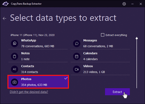 Select photo data type to be extracted