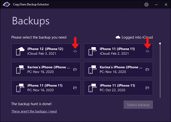 Find iCloud backups with CopyTrans Backup Extractor