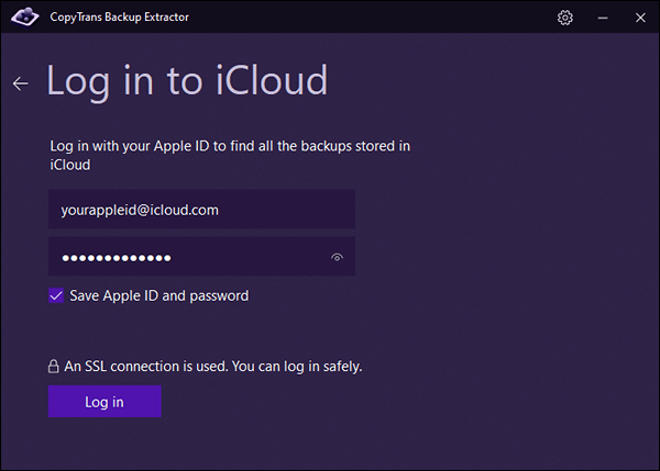 Enter Apple ID and password to access iCloud backups