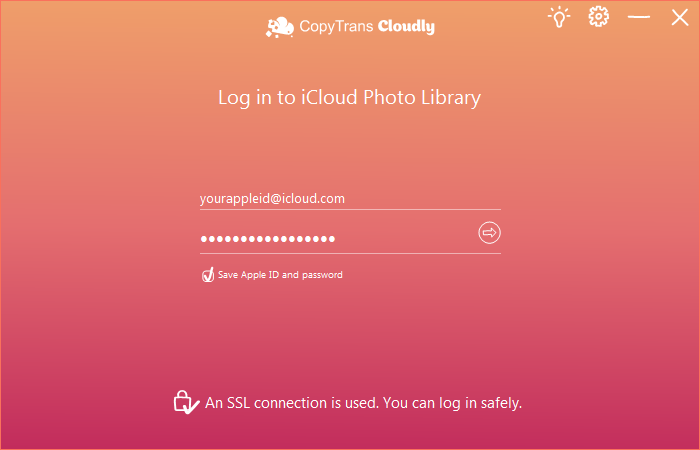 CopyTrans Clouldy login screen