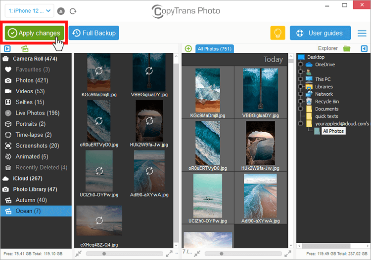 Click Apply changes to download iCloud photos to iPhone