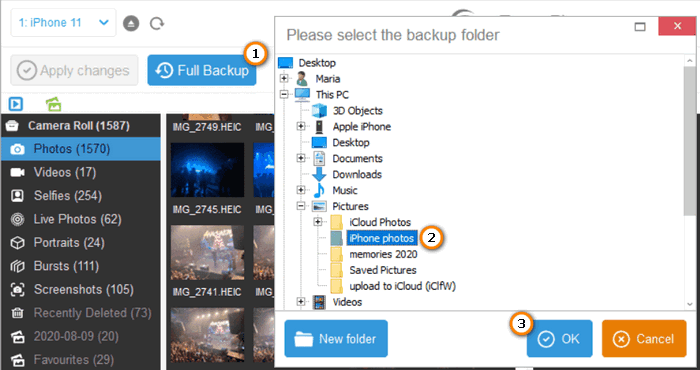 Select Full Backup and choose the destination folder in CopyTrans Photo