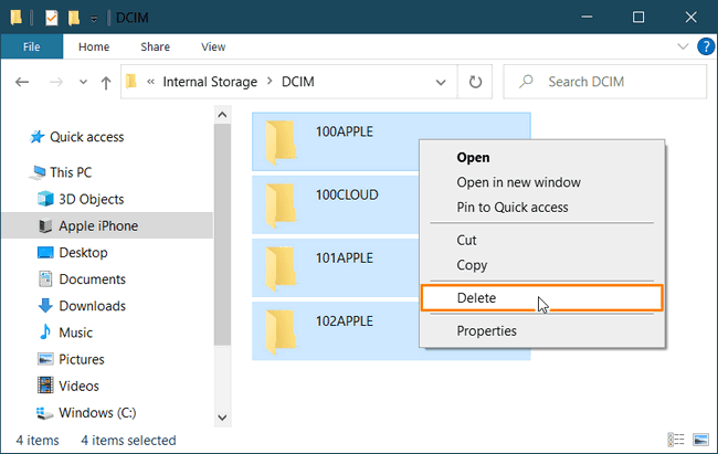 Delete all photos from iPhone through Windows Explorer