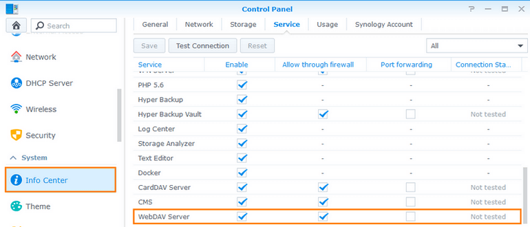 Allow WebDav Server through firewall and test the internet connection