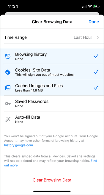 Google Chrome mobile delete cache and cookies