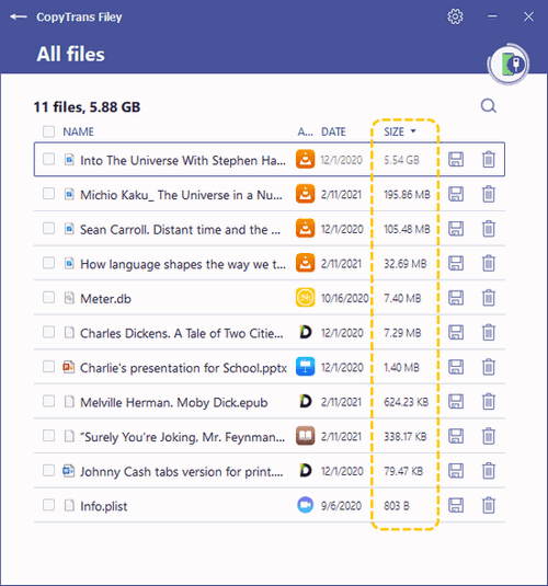 CopyTrans Filey sort iPhone files by size
