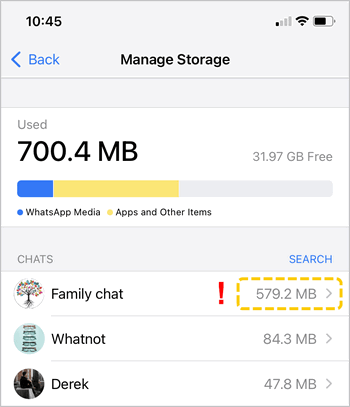 Reduce WhatsApp storage space on iPhone