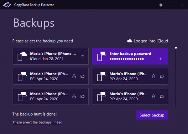 Select backup to extract the messages