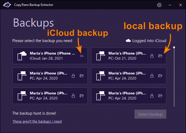 Backups found by CopyTrans Backup Extractor