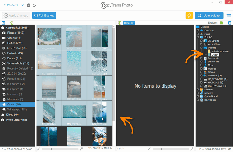 Select iPhone photos and PC folder in CopyTrans Photo