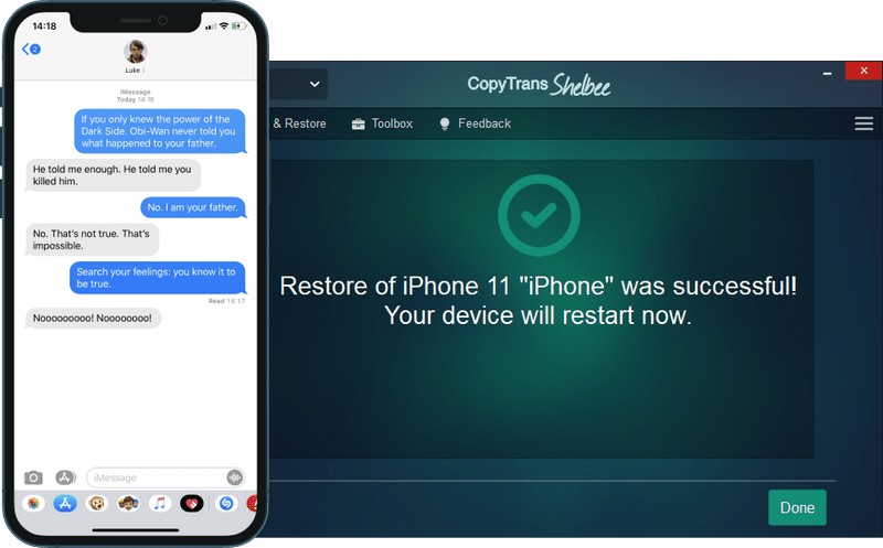 Messages restored with CopyTrans Shelbee