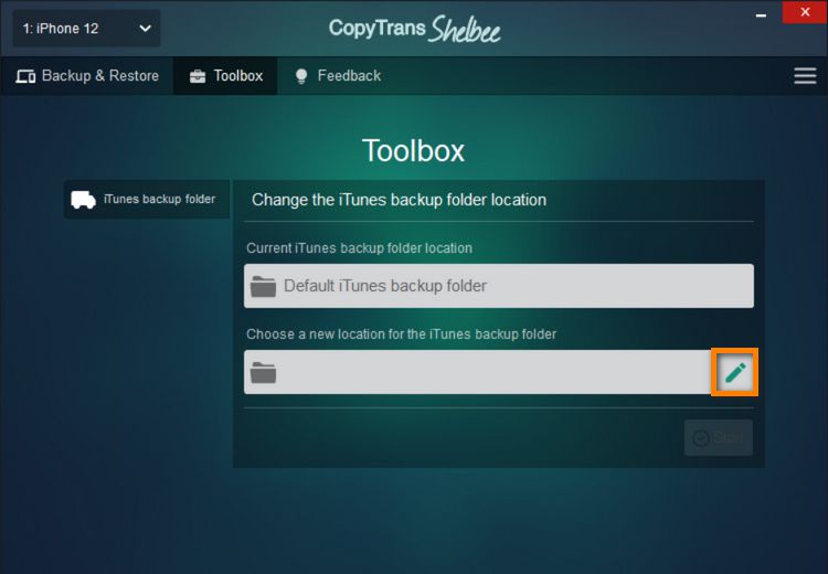 Change iTunes backup location in CopyTrans Shelbee