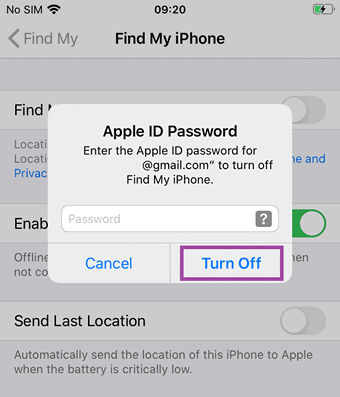 Enter your Apple ID to disable find my iphone
