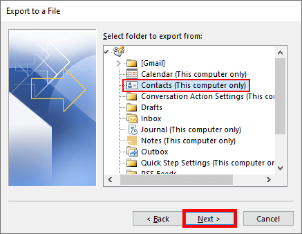 Select Outlook contacts folder to export